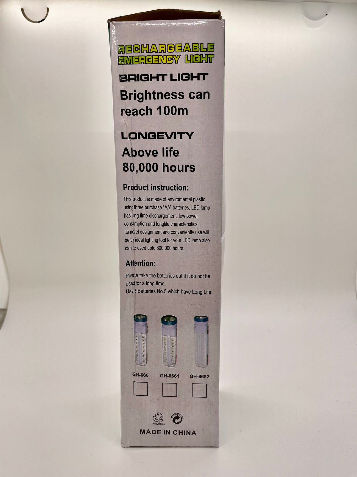 Side of flashlight packaging showing product information