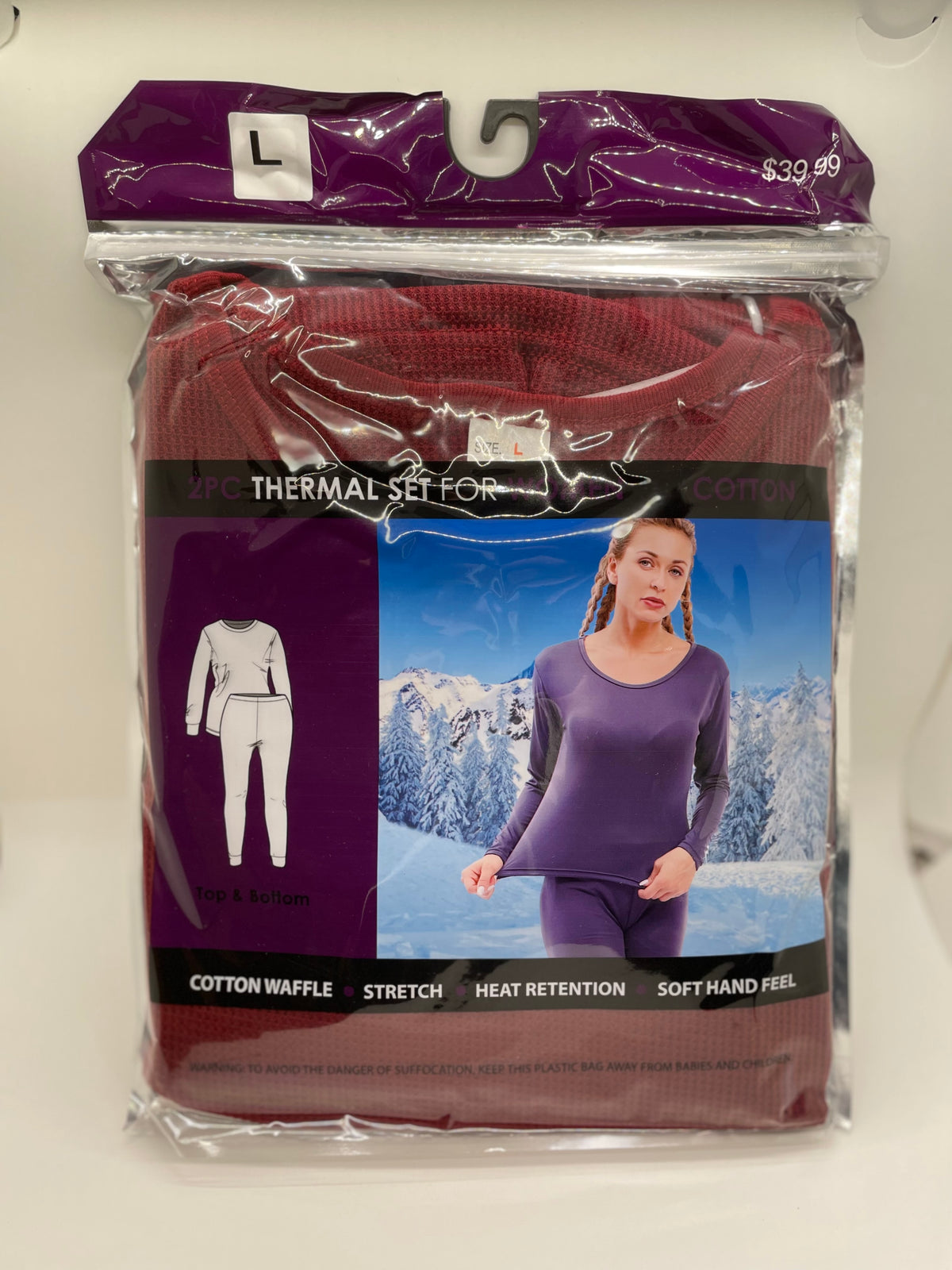 Red women's thermal underwear in retail packaging