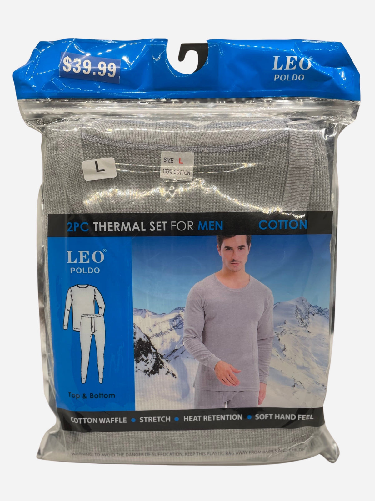 Gray men's thermal underwear in retail packaging