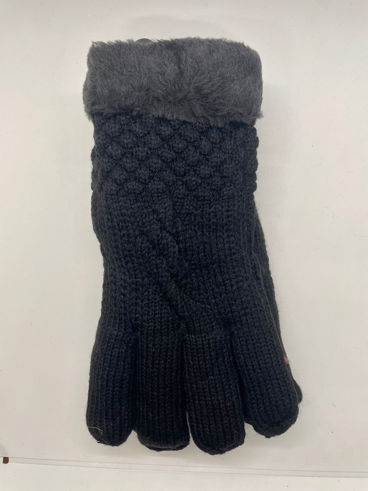 Black cable-knit winter gloves with fuzzy cuffs