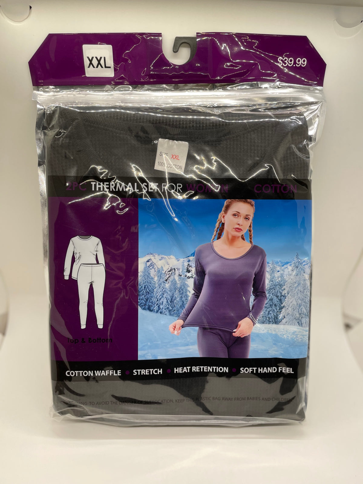 Black women's thermal underwear in retail packaging