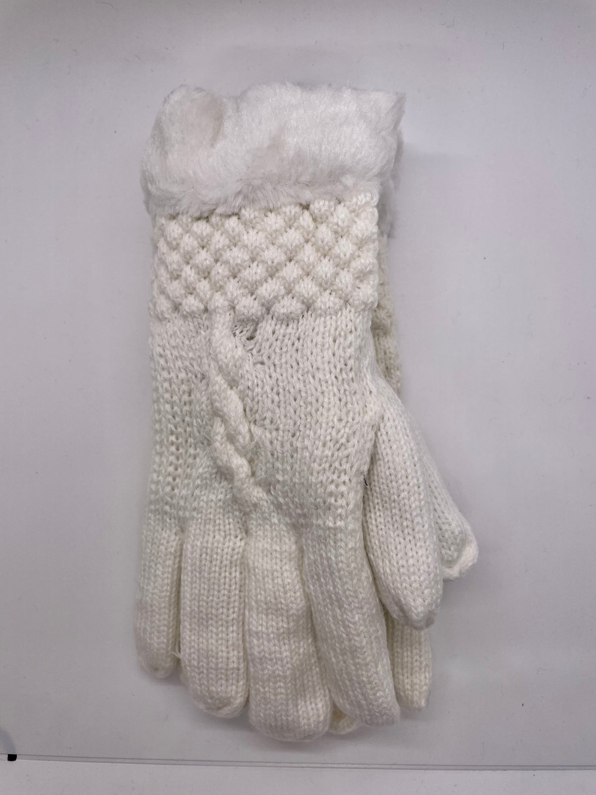 Light gray cable-knit winter gloves with fuzzy cuffs