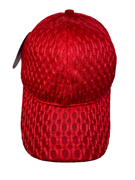 Red netted baseball cap with oval pattern