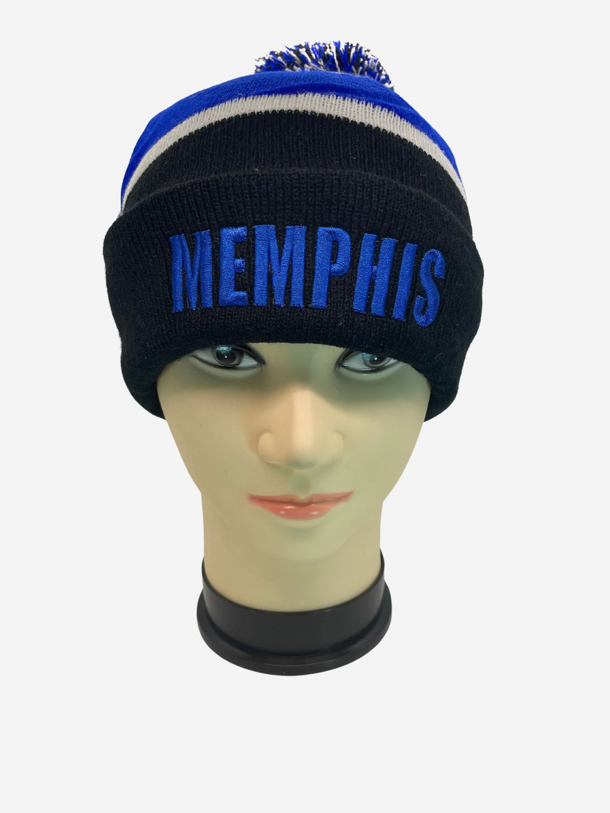 Navy Memphis pom-pom toboggan hat with blue and white stripes
