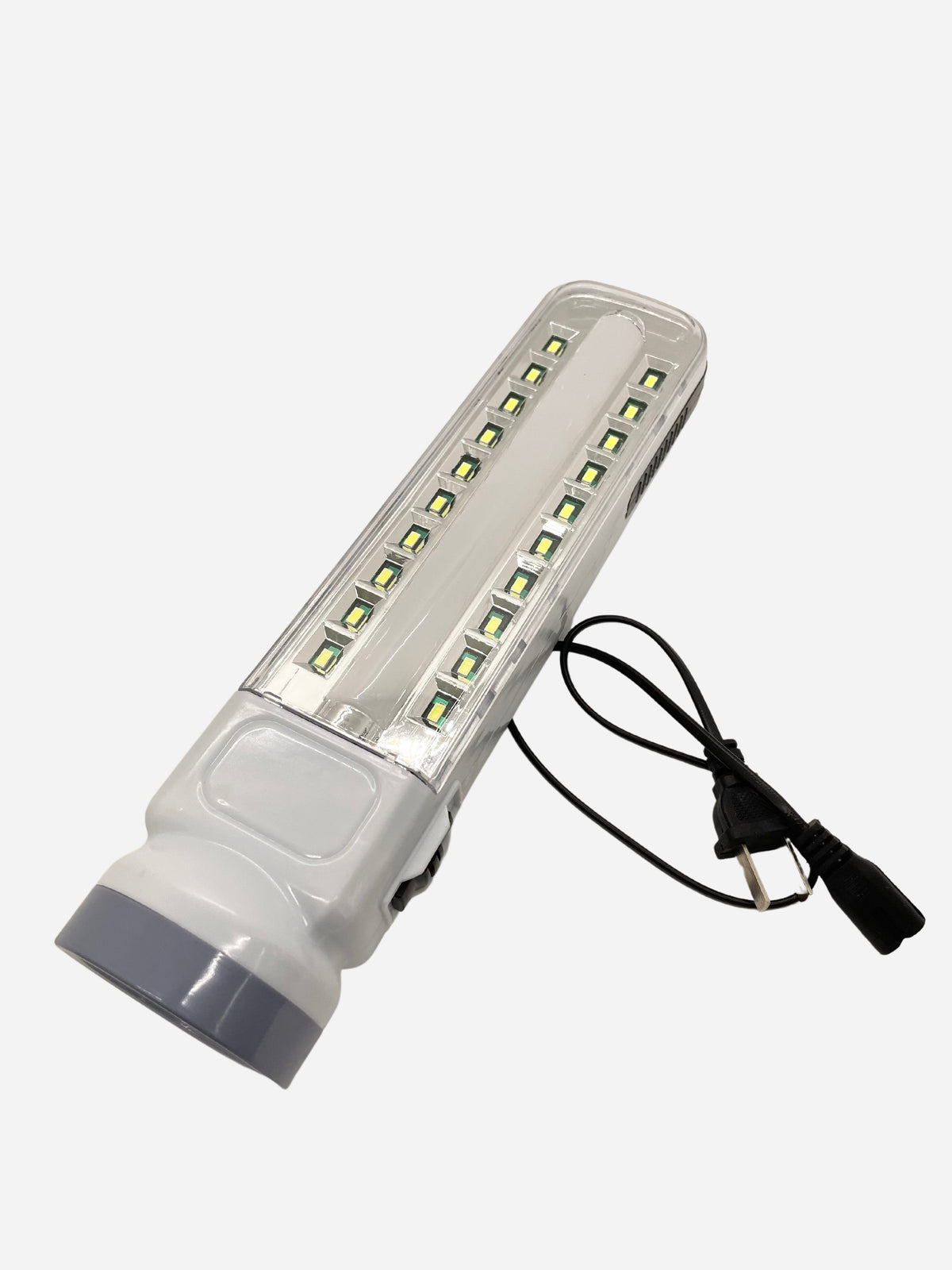 White rechargeable flashlight with side LEDs and charging cord