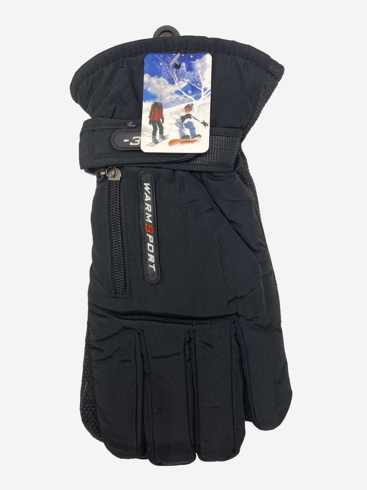 Black insulated winter gloves with wrist straps and zip details