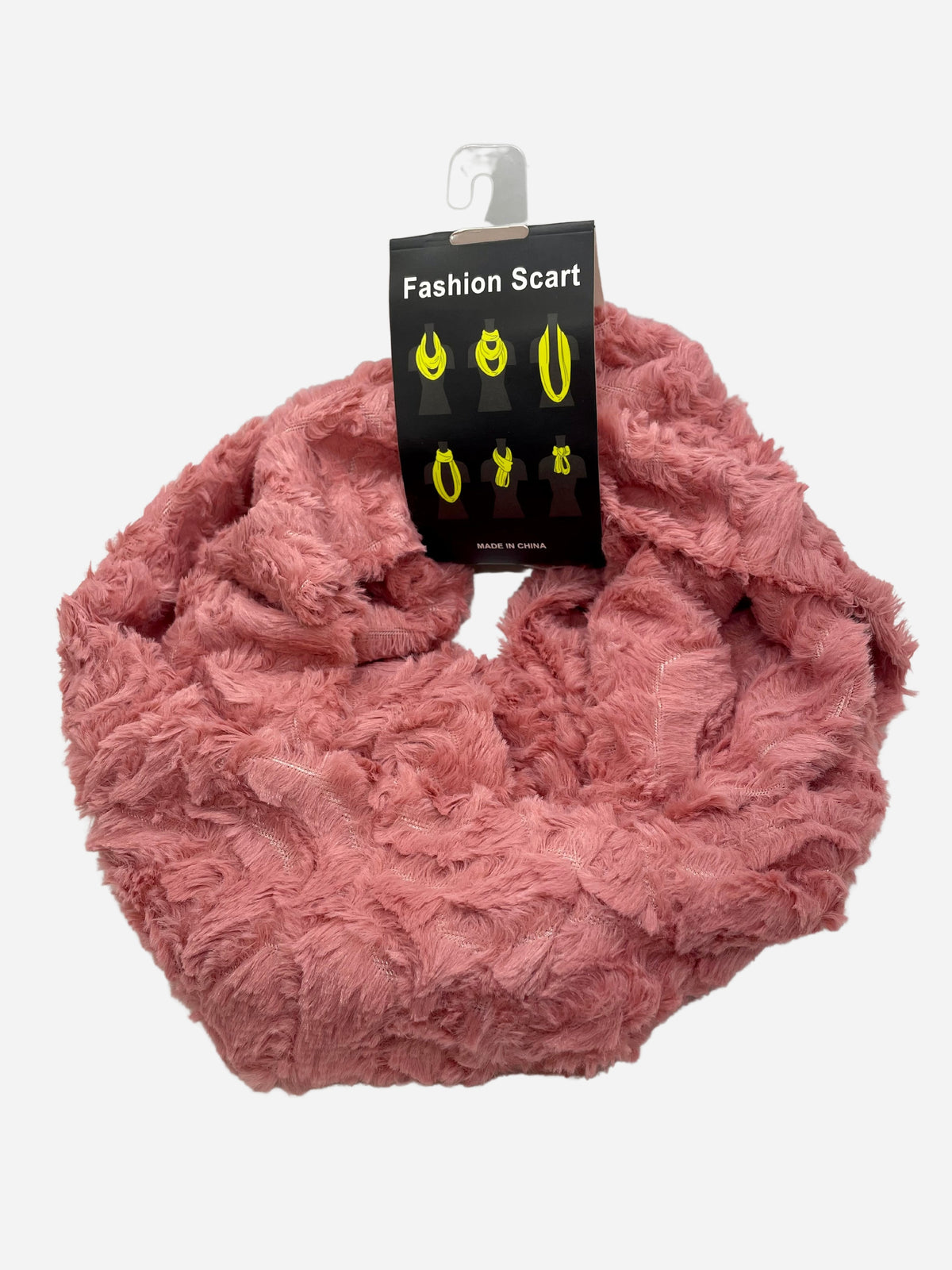 Pink plush-textured infinity scarf