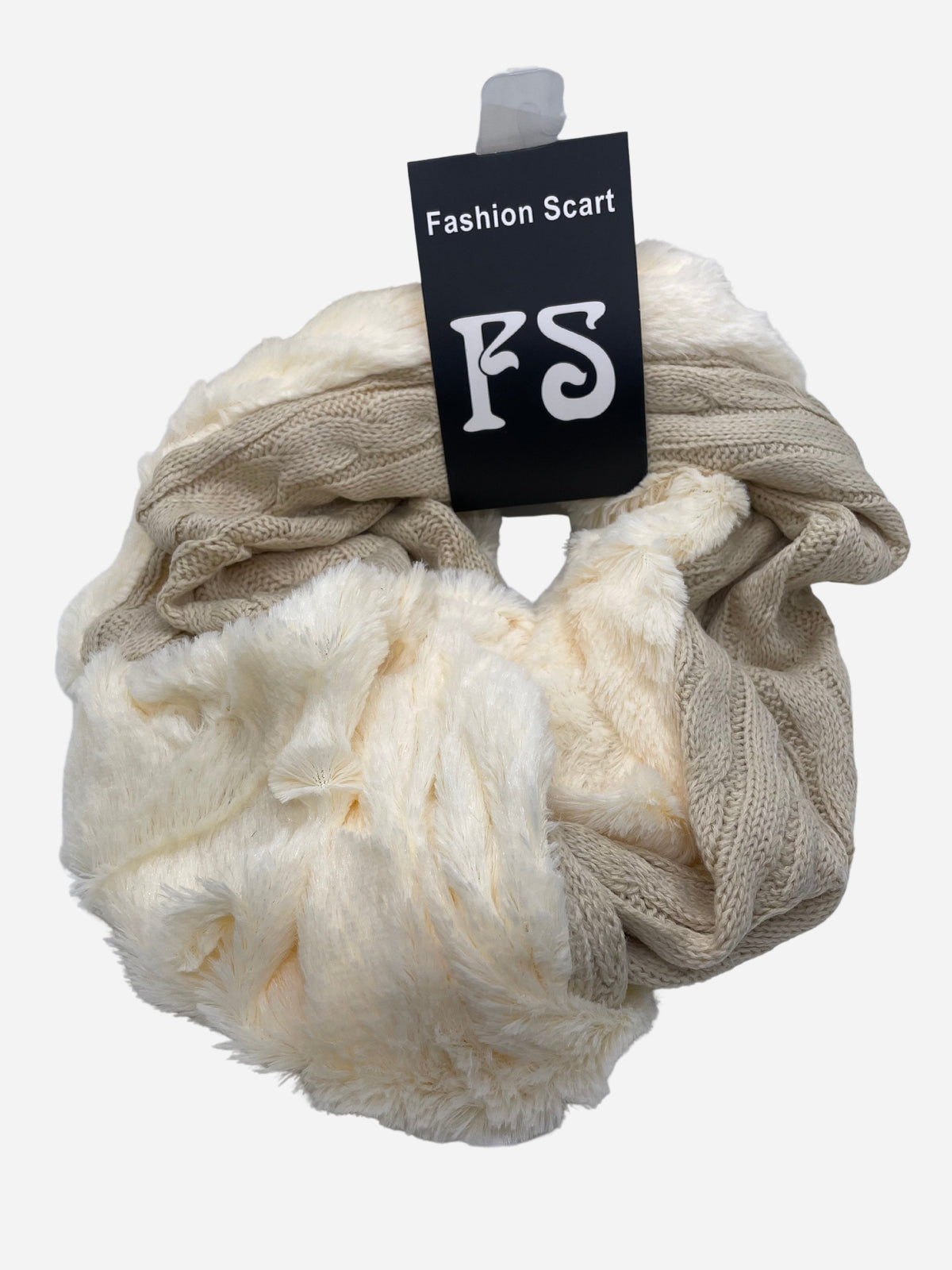 Cream infinity scarf with contrasting knit and plush-textured sections