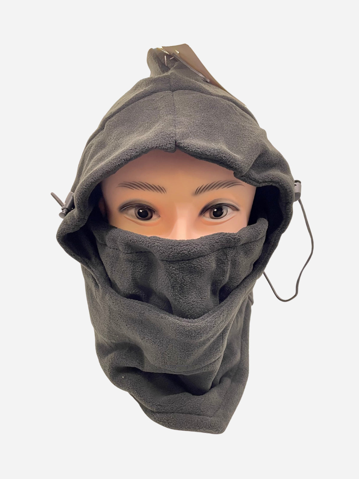 Gray face-covering hood with drawcords on a mannequin