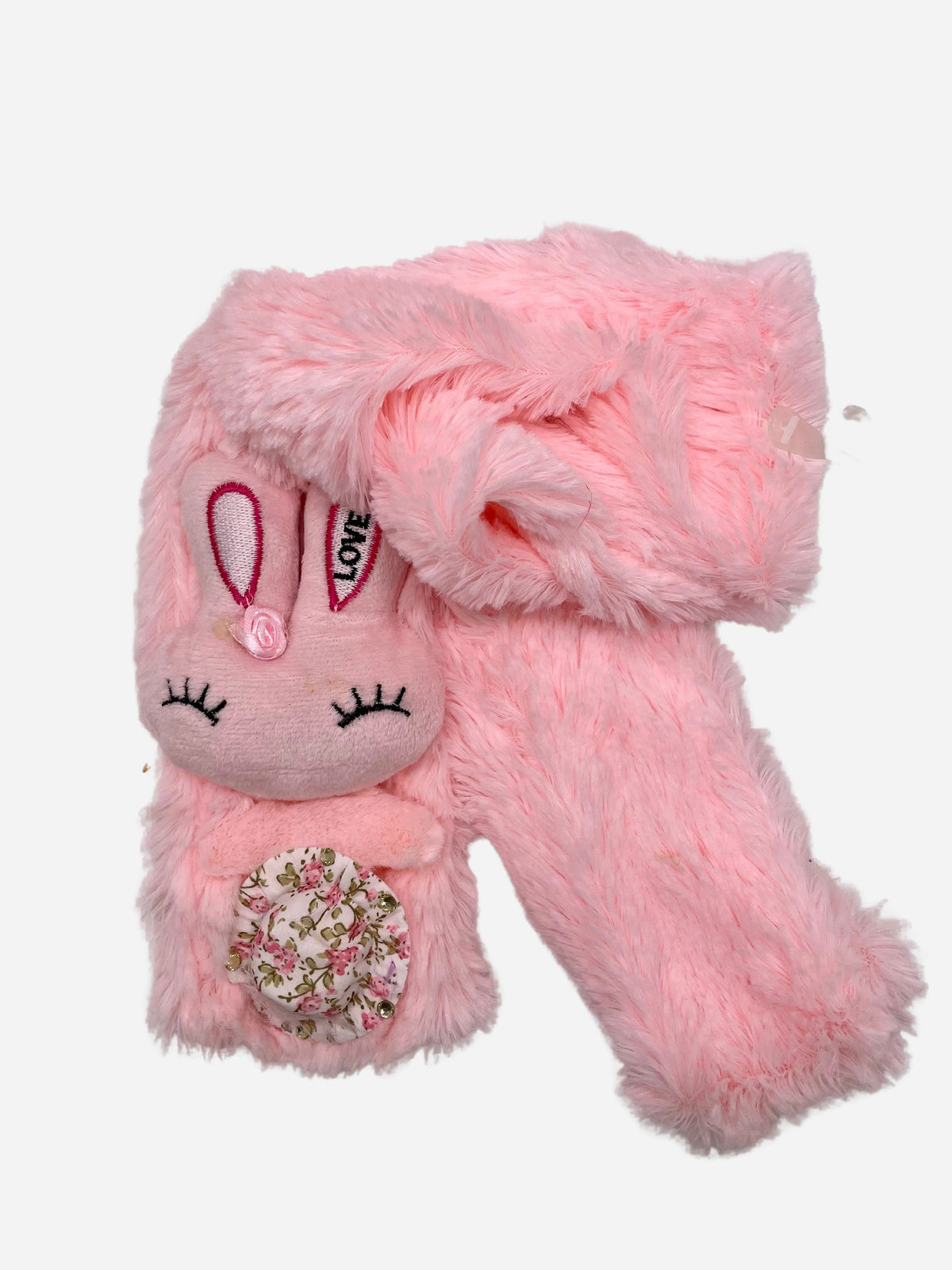 Pink plush children’s scarf with rabbit decoration