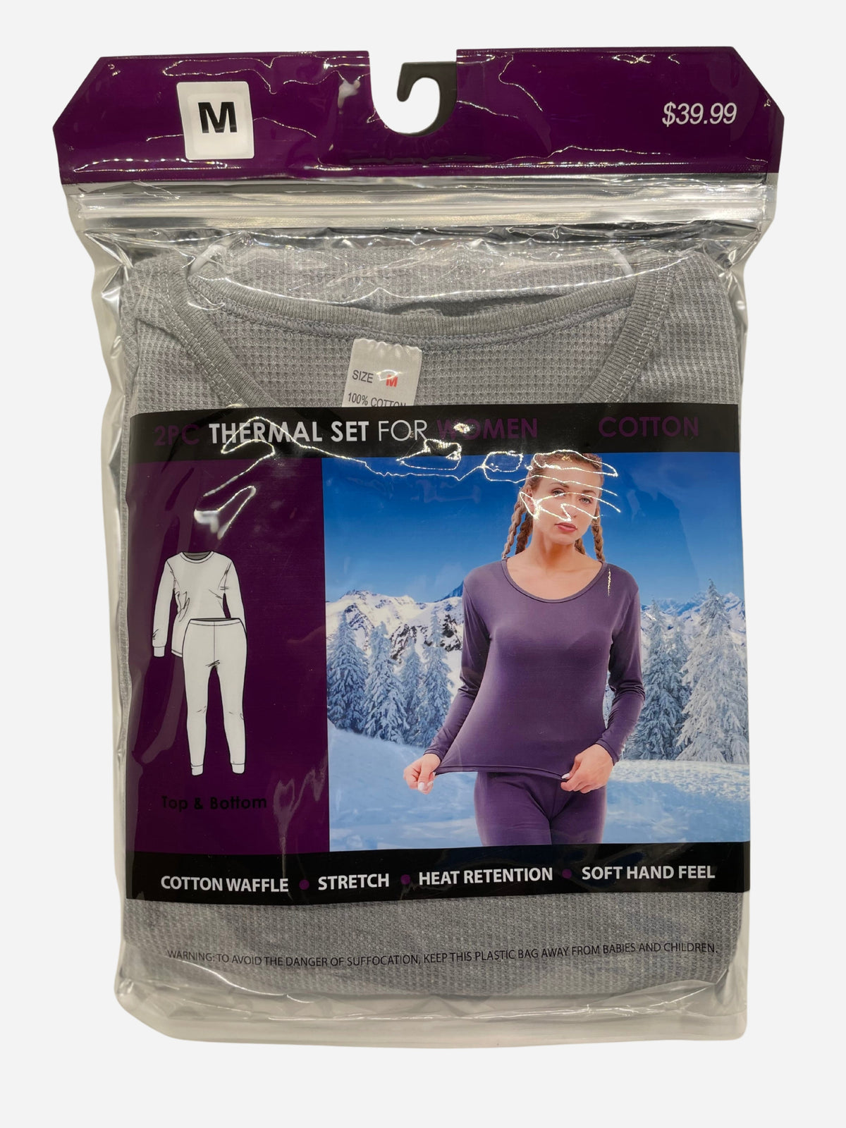 Gray women's thermal underwear in retail packaging