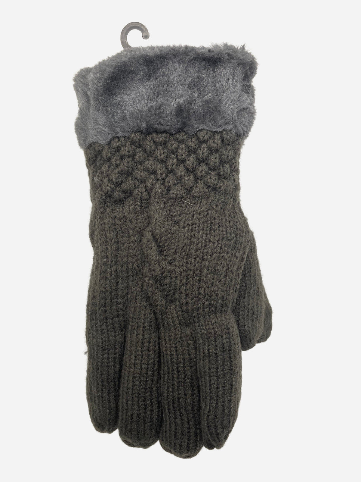 Gray cable-knit winter gloves with fuzzy cuffs