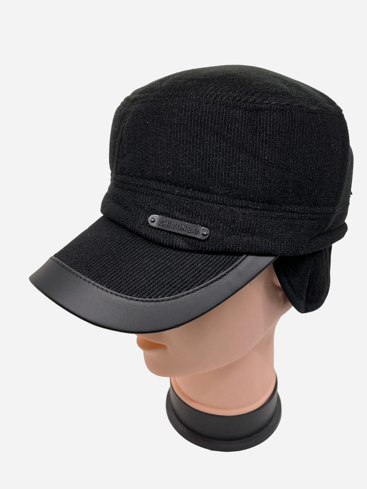 Black winter cap with short brim and ear flaps